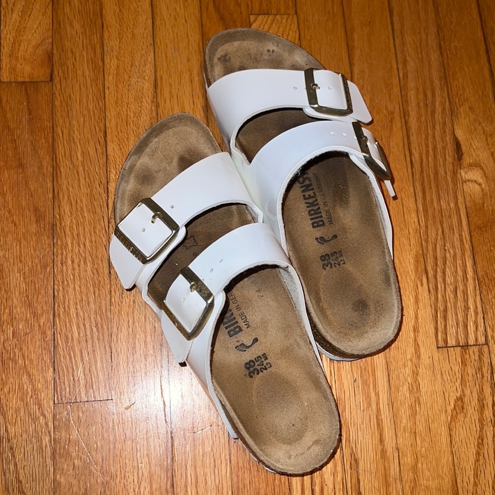 Birkenstock Arizona Patent White Sandals w/ Gold Hardware